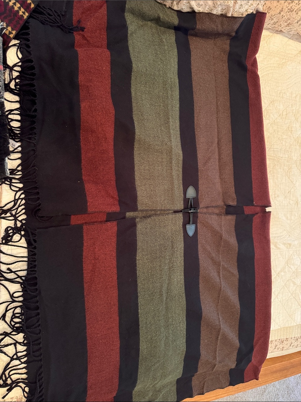 indigo soul Striped Fringe Toggle Poncho in Black, Olive & Rust